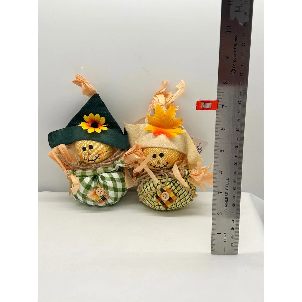 Autumn Scarecrow Figurine Set 2pc Green Yellow Gingham Plaid Fall Harvest Decor